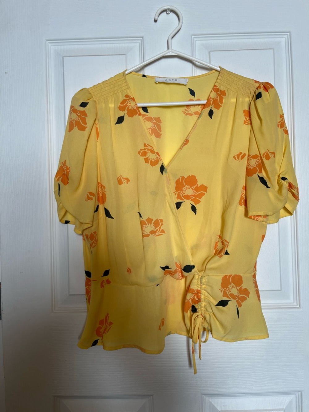 Astr Yellow Floral Wrap Top with Puff Sleeves